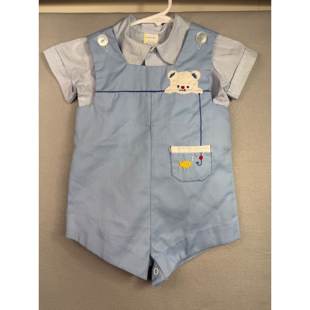 Vintage Baby Boy Blue Gingham Shirt and Fishing Bear Embroidered Romper Set 12M